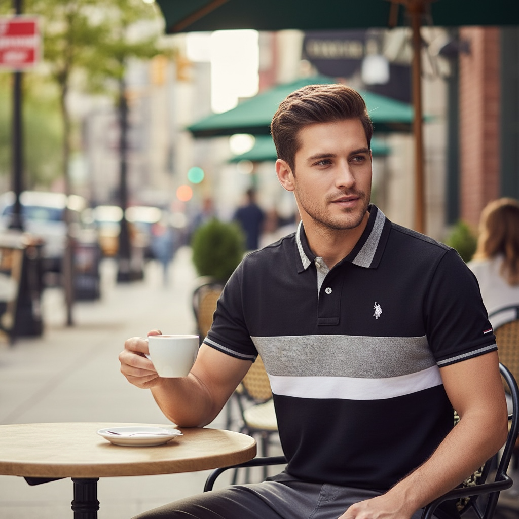 Hombre con polo U.S. POLO ASSN. de bloques negro, gris y blanco, sentado en una terraza con una taza de café.
