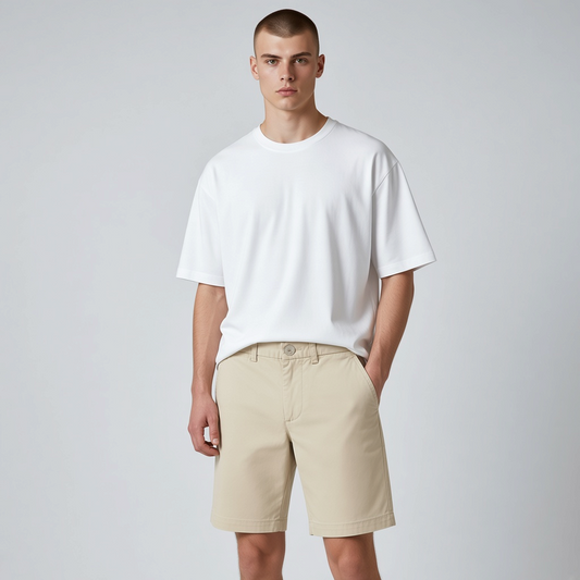 Modelo vistiendo bermuda beige de algodón de www.treshop.com.co con corte clásico y bolsillos laterales funcionales