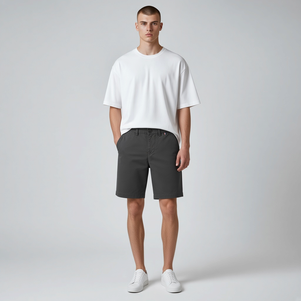 Hombre vistiendo bermuda gris oscuro de www.treshop.com.co con camiseta blanca y zapatillas en estudio