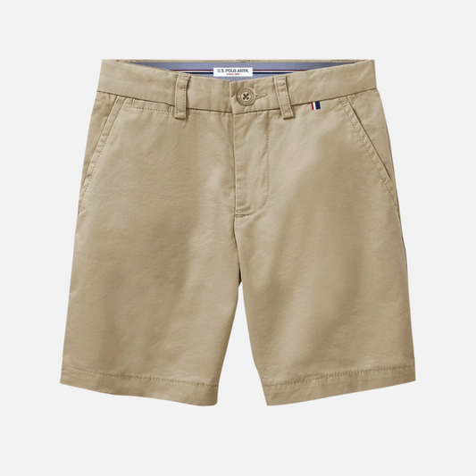 Bermudas beige de algodón U.S. POLO ASSN. para hombre con cierre de botón y bolsillos, disponibles en www.treshop.com.co