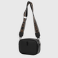 Bolso bandolera negro www.treshop.com.co con correa ajustable tejida y logo grabado para mujer