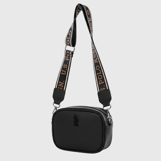 Bolso bandolera negro www.treshop.com.co con correa ajustable tejida y logo grabado para mujer