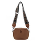 Bolso www.treshop.com.co color café en PVC con logo metálico y correa ajustable estampada