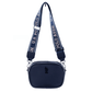 Bolso www.treshop.com.co de PVC azul marino con correa ajustable estampada y logo metálico frontal