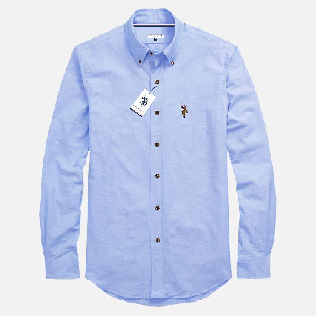 Camisa de manga larga azul claro www.treshop.com.co con cuello abotonado y logo bordado en el pecho para hombre