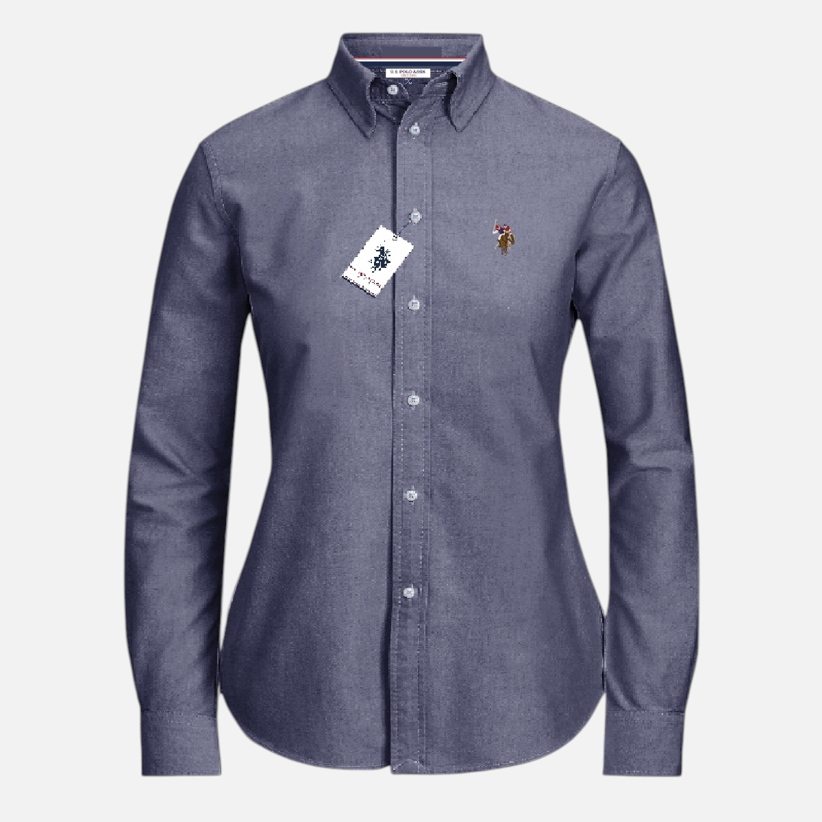 Camisa de manga larga para mujer www.treshop.com.co en color azul con cuello abotonado y logo bordado en el pecho