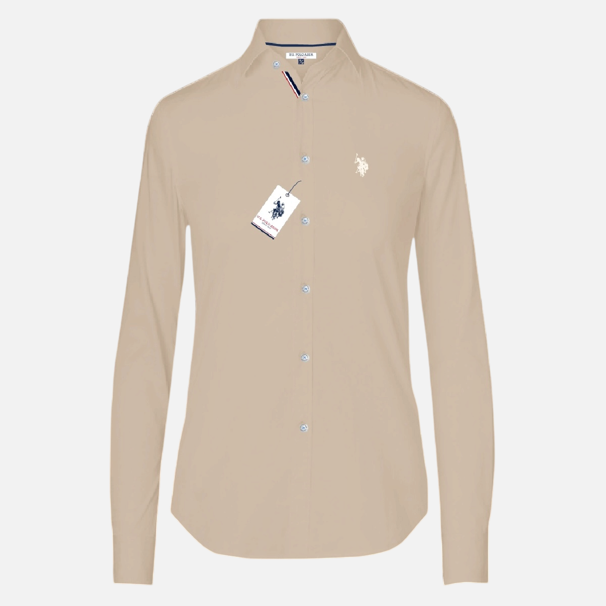 Camisa formal de manga larga para mujer www.treshop.com.co en color beige con logotipo bordado y cuello estructurado