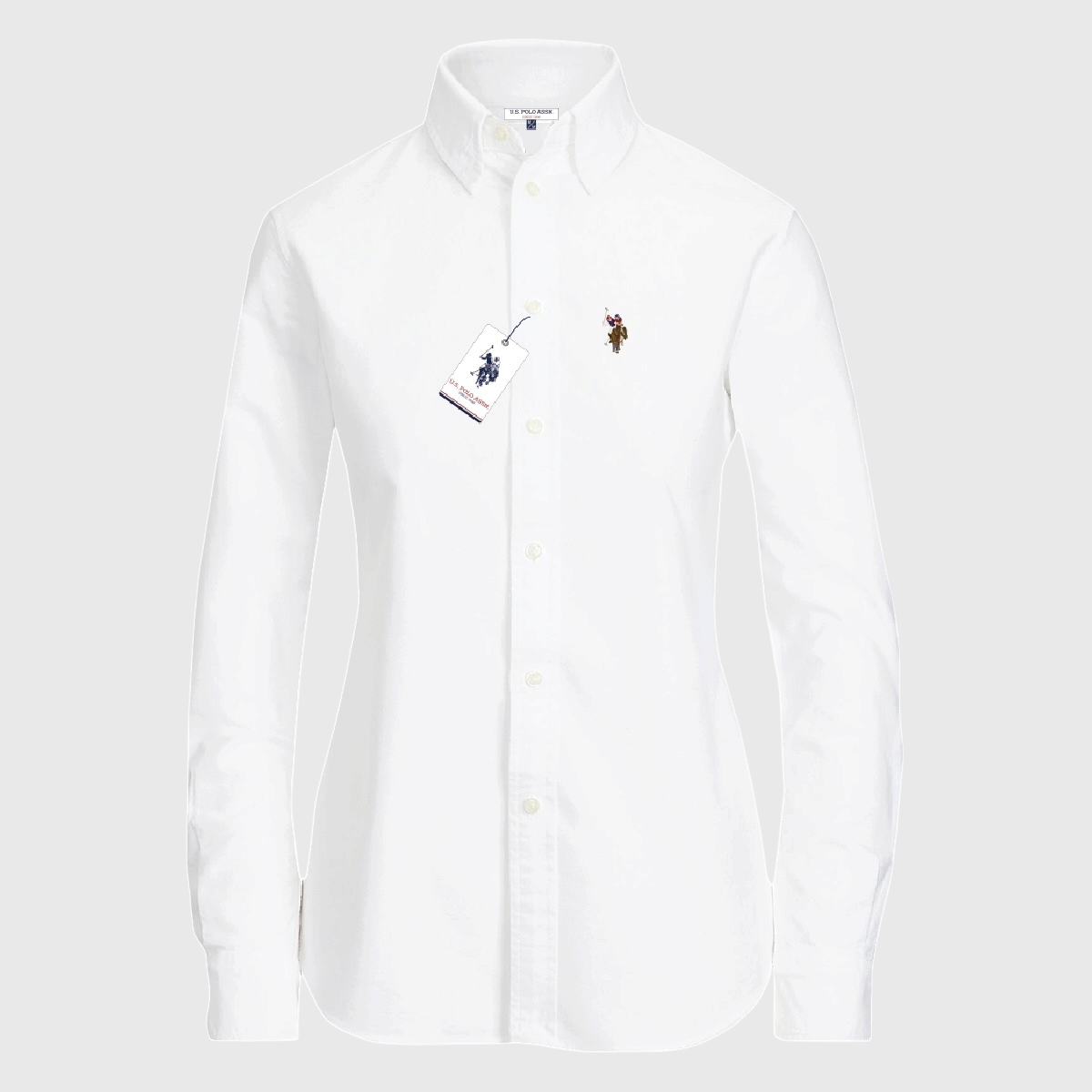 Camisa formal blanca de manga larga para mujer de www.treshop.com.co con cuello button-down y logotipo bordado
