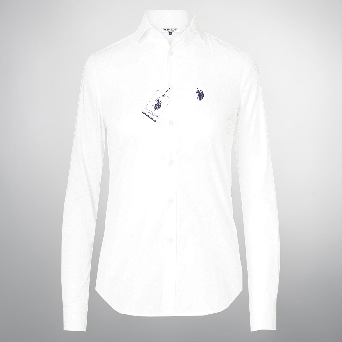 Camisa manga larga blanca de mujer www.treshop.com.co con logo bordado en el pecho y corte regular fit