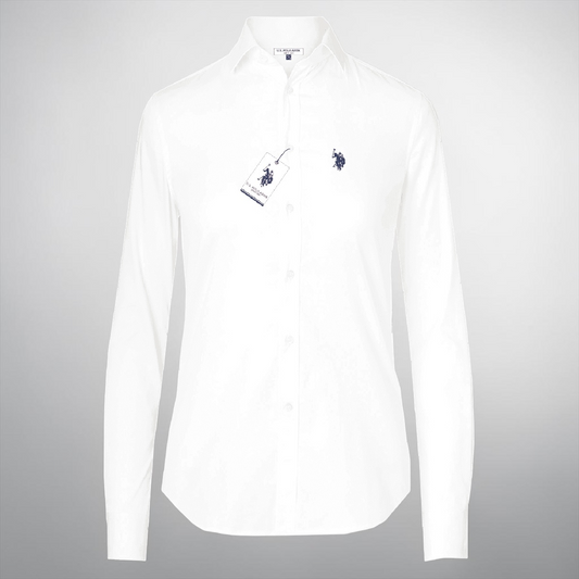 Camisa manga larga blanca de mujer www.treshop.com.co con logo bordado en el pecho y corte regular fit
