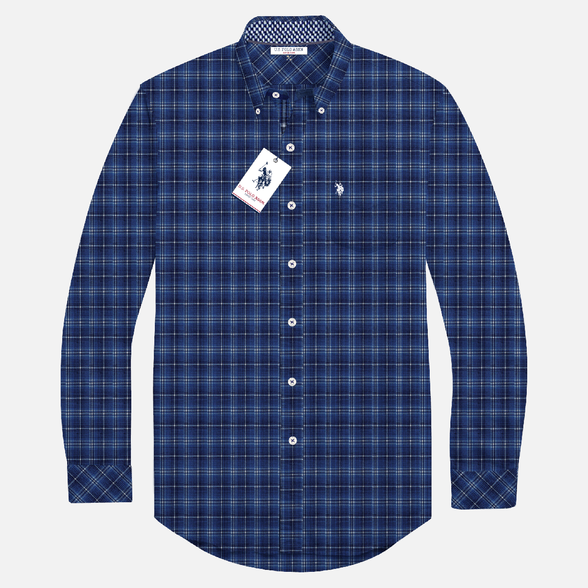 Camisa de manga larga a cuadros azules U.S. POLO ASSN. de www.treshop.com.co con cuello abotonado y logo bordado.