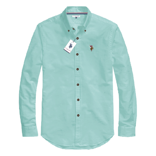 Camisa de hombre www.treshop.com.co manga larga color verde menta en algodon oxford con logo bordado y ajuste custom