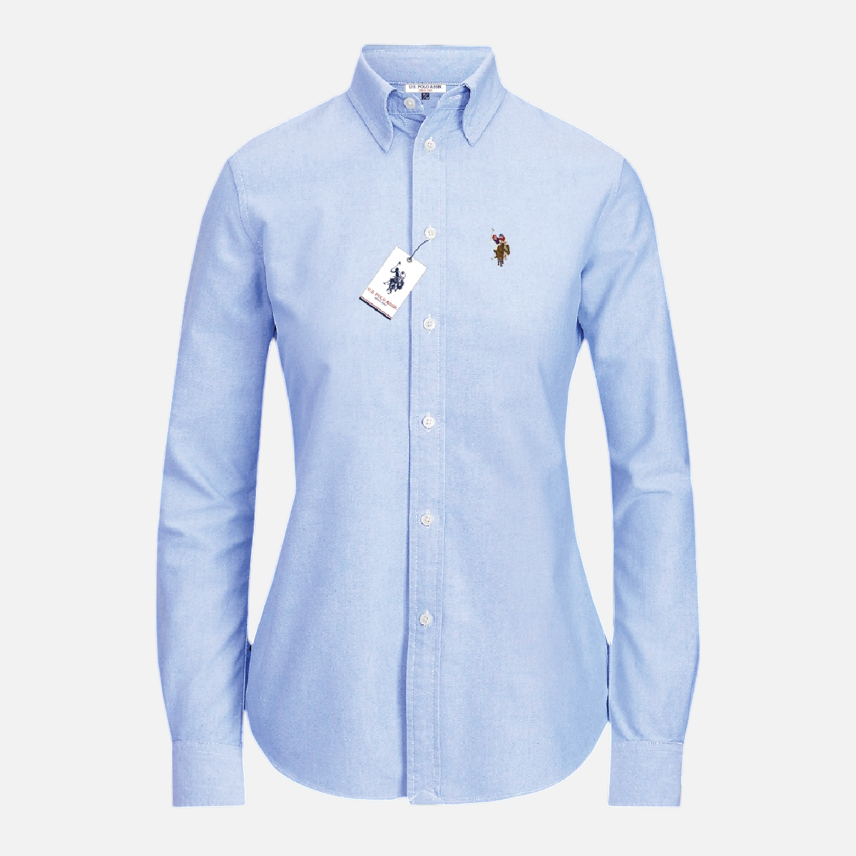 Camisa formal de mujer www.treshop.com.co en color azul claro con cuello estructurado y bordado en el pecho