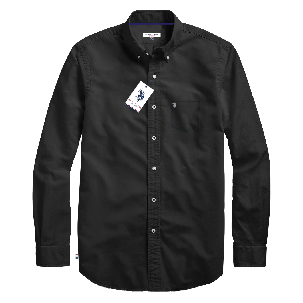 Camisa de manga larga negra para hombre de www.treshop.com.co con cuello abotonado, bolsillo y logo bordado.