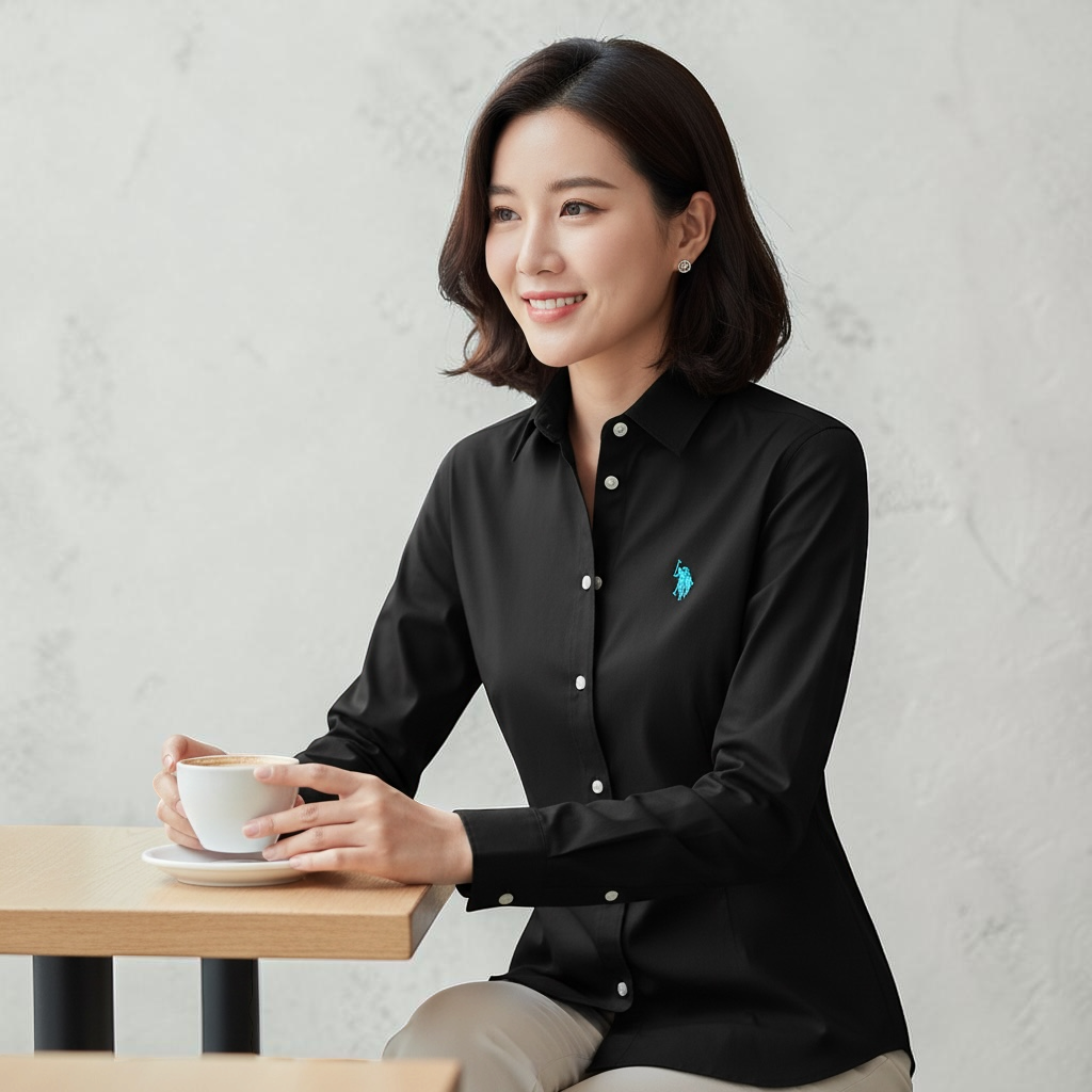 Mujer vistiendo camisa formal negra de manga larga U.S. Polo Assn. con logo azul bordado, sentada en una mesa.