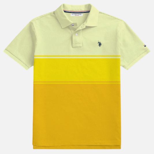 Camisa polo www.treshop.com.co para hombre en algodón con estampado degradado en tonos amarillos y logo bordado. Marca U.S. Polo Assn.