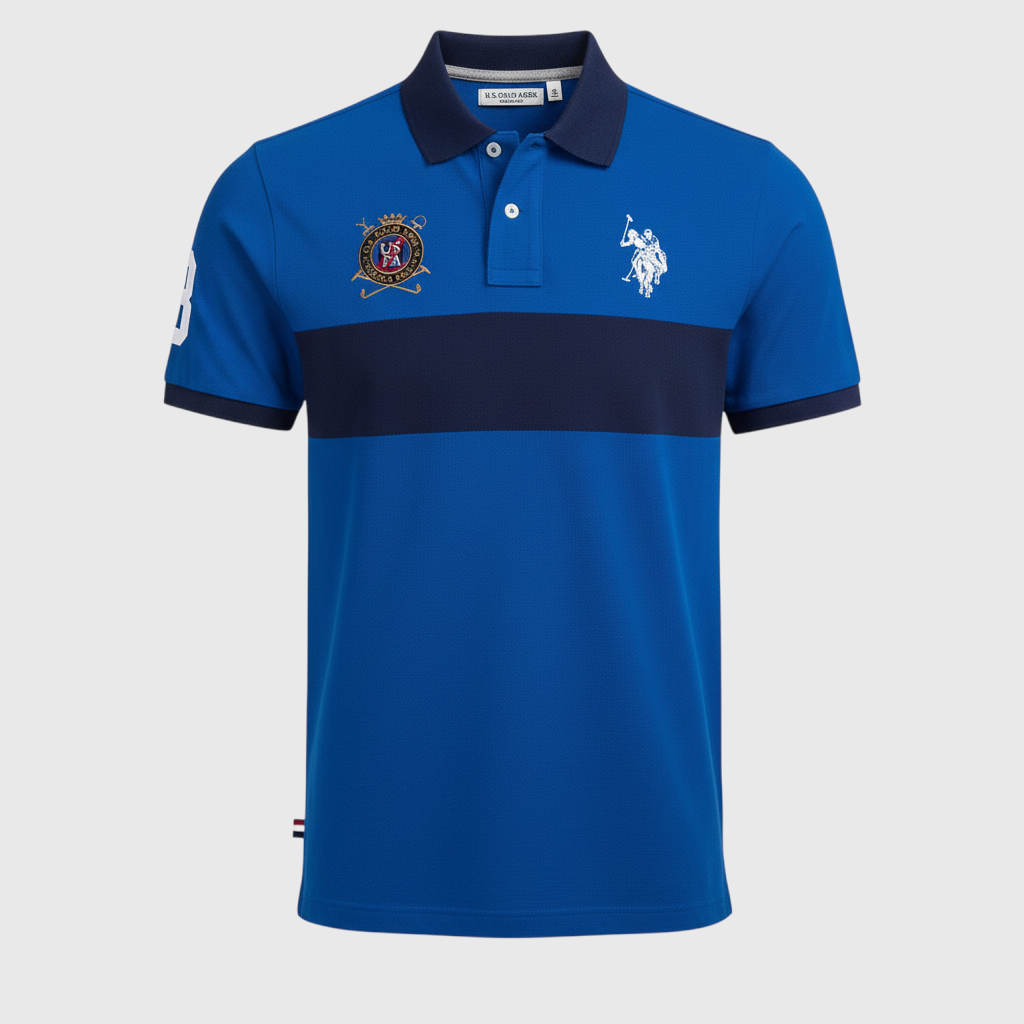 Camisa polo www.treshop.com.co azul real con franja azul marino, logotipo bordado y corte amplio para hombre.