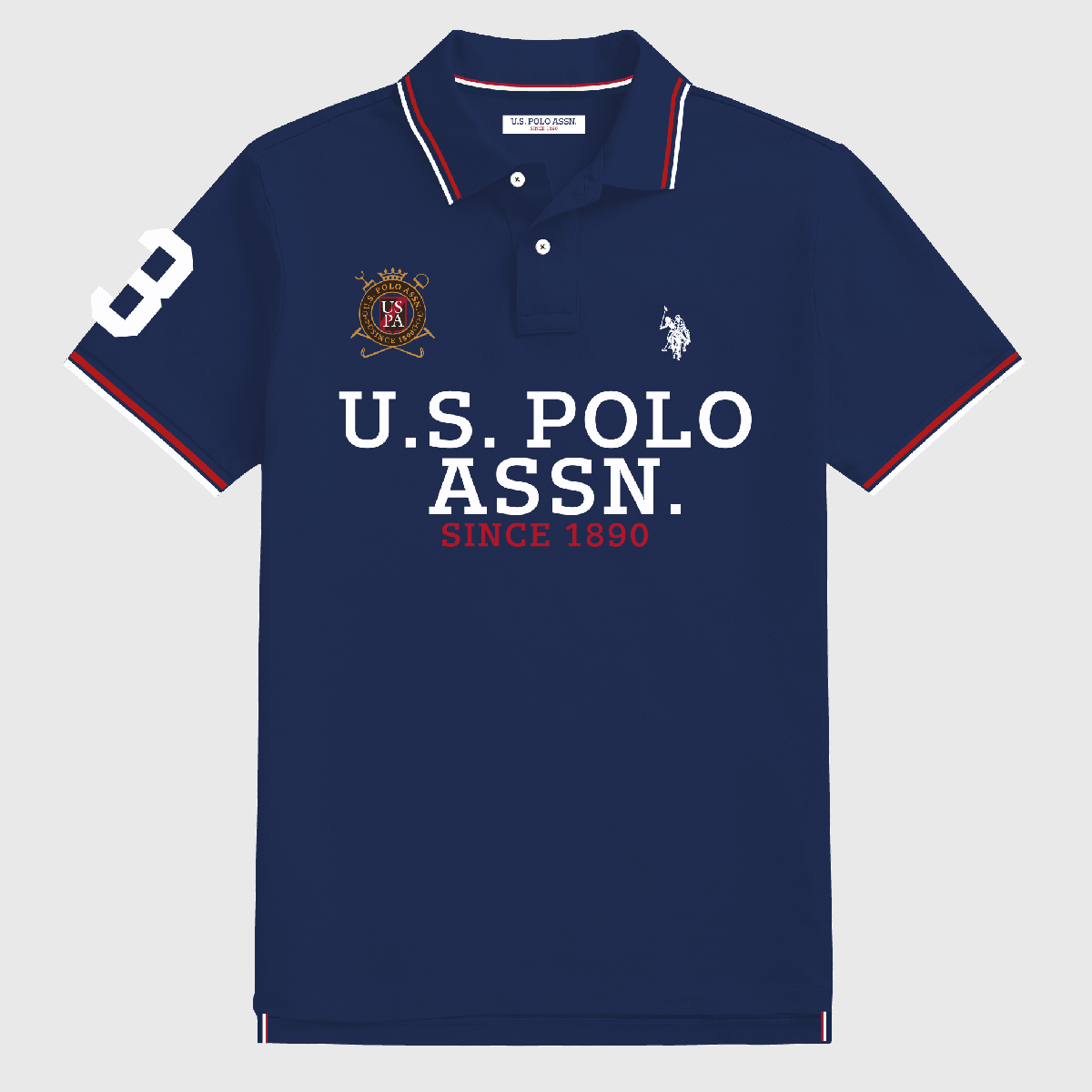 Camisa polo azul marino de www.treshop.com.co con estampado gráfico, detalles en contraste y logo bordado