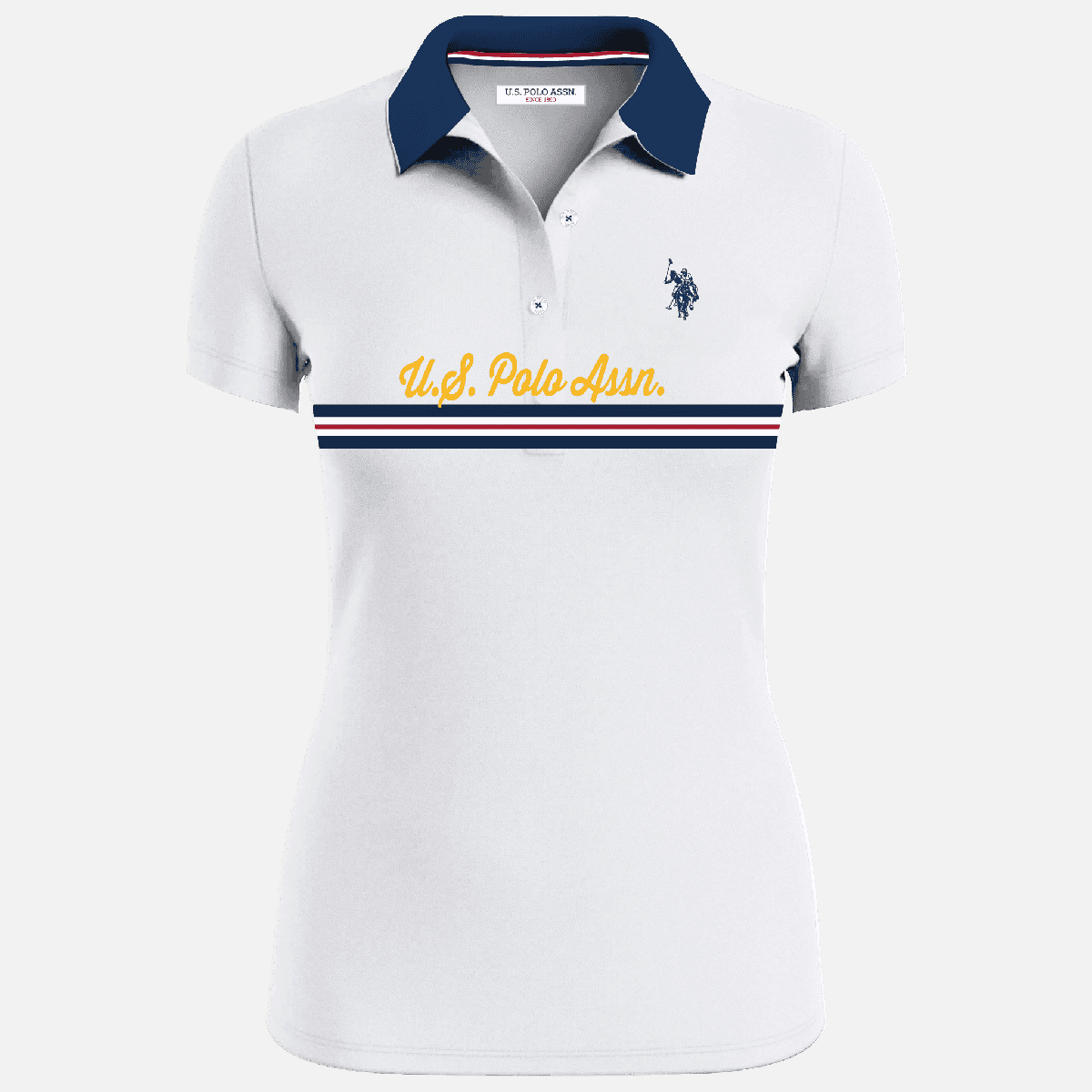 Camisa polo blanca para mujer de www.treshop.com.co con cuello azul marino, logo bordado y franjas horizontales.