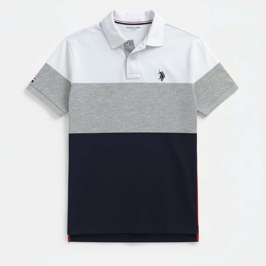 Camisa polo www.treshop.com.co de manga corta con diseño de bloques de color blanco, gris y azul marino y logo bordado