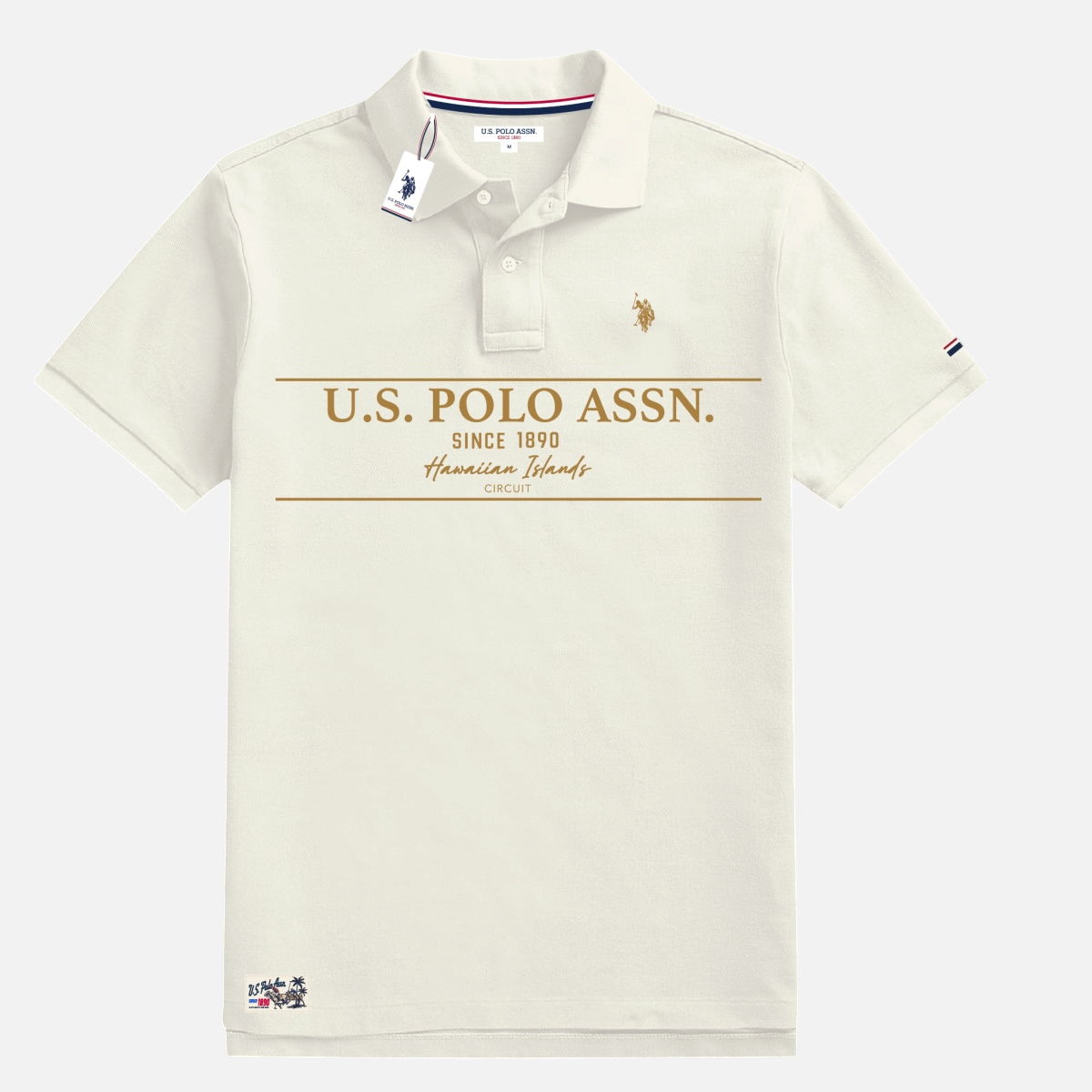 Camisa polo www.treshop.com.co color crema de algodón con estampado frontal y logo bordado para hombre