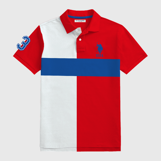 Camisa polo www.treshop.com.co para hombre con diseño bicolor rojo y blanco, franja azul y logo bordado en el pecho.