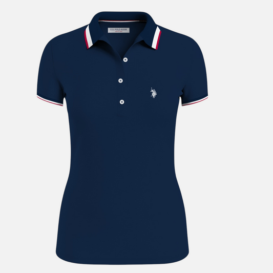 Camisa polo para mujer www.treshop.com.co azul marino con detalles en cuello y mangas en blanco y rojo y logo bordado