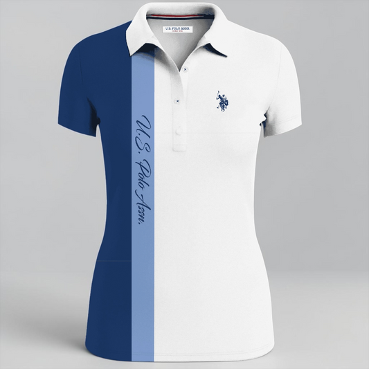 Camisa polo para mujer www.treshop.com.co en blanco y azul con logo bordado y diseño de bloques de color