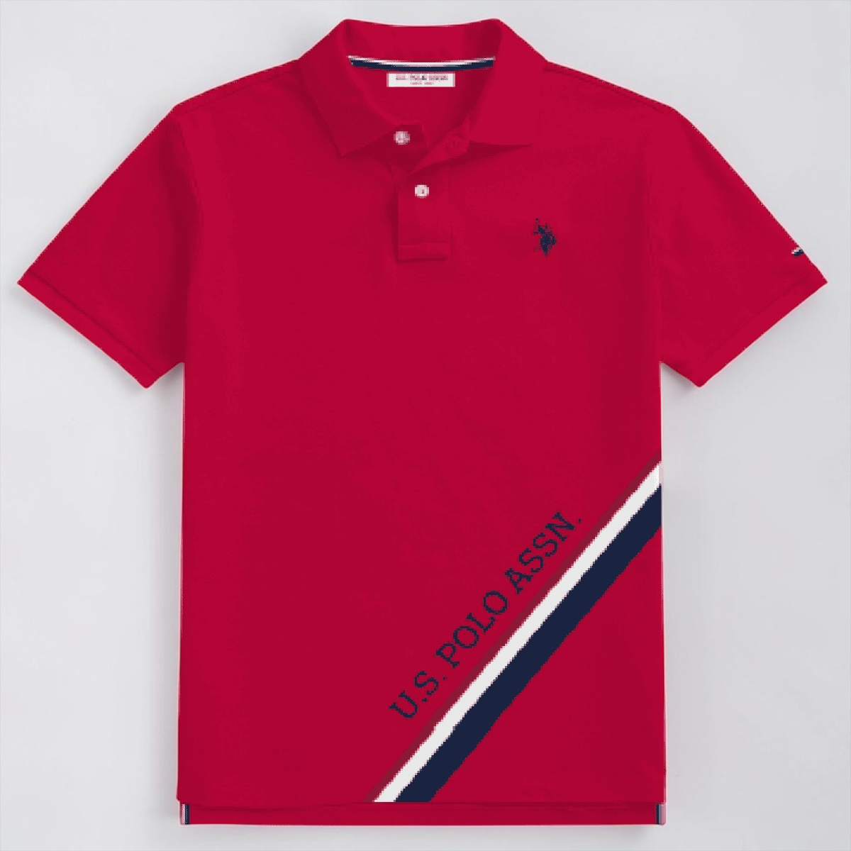 Camisa polo roja de algodón para hombre de www.treshop.com.co con estampado diagonal y logo bordado