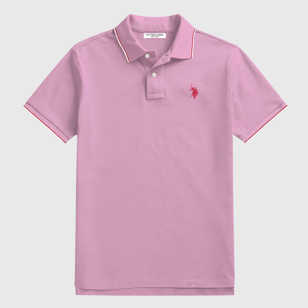 Camisa polo rosa de algodón para hombre de www.treshop.com.co con detalles en contraste en cuello y mangas