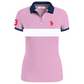 Camisa polo rosa para mujer de www.treshop.com.co con franja blanca, cuello azul marino y logo bordado en el pecho