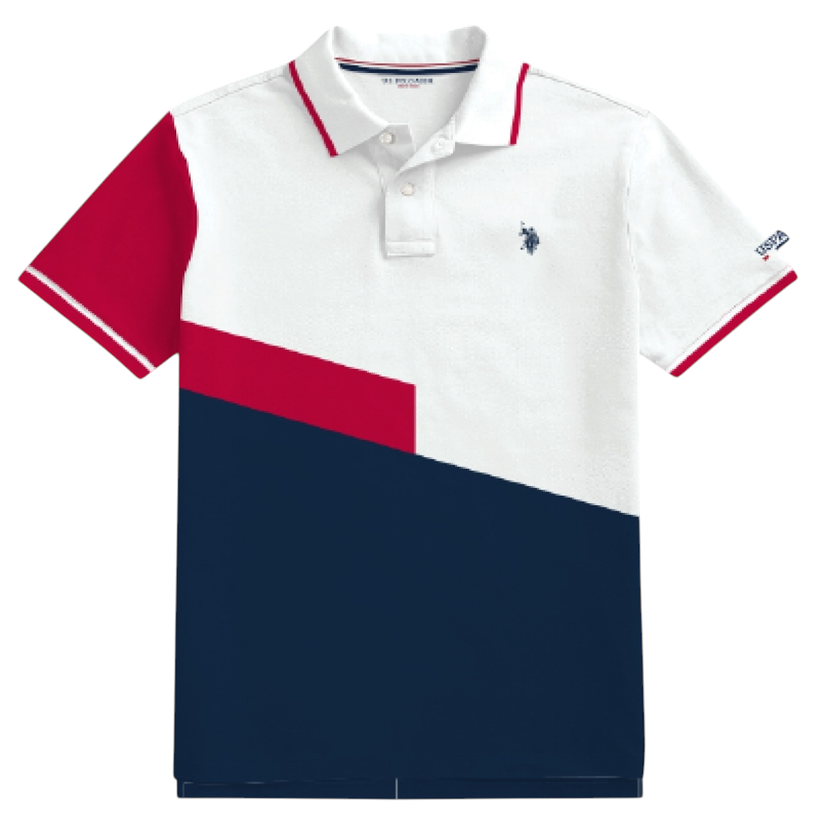 Camisa polo www.treshop.com.co para hombre con diseño tricolor en bloques blanco, azul marino y rojo y logo bordado