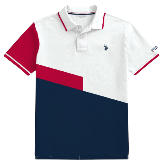 Camisa polo www.treshop.com.co para hombre con diseño tricolor en bloques blanco, azul marino y rojo y logo bordado