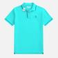 Camisa polo turquesa para hombre de www.treshop.com.co con detalles en contraste en cuello y mangas y logo bordado.
