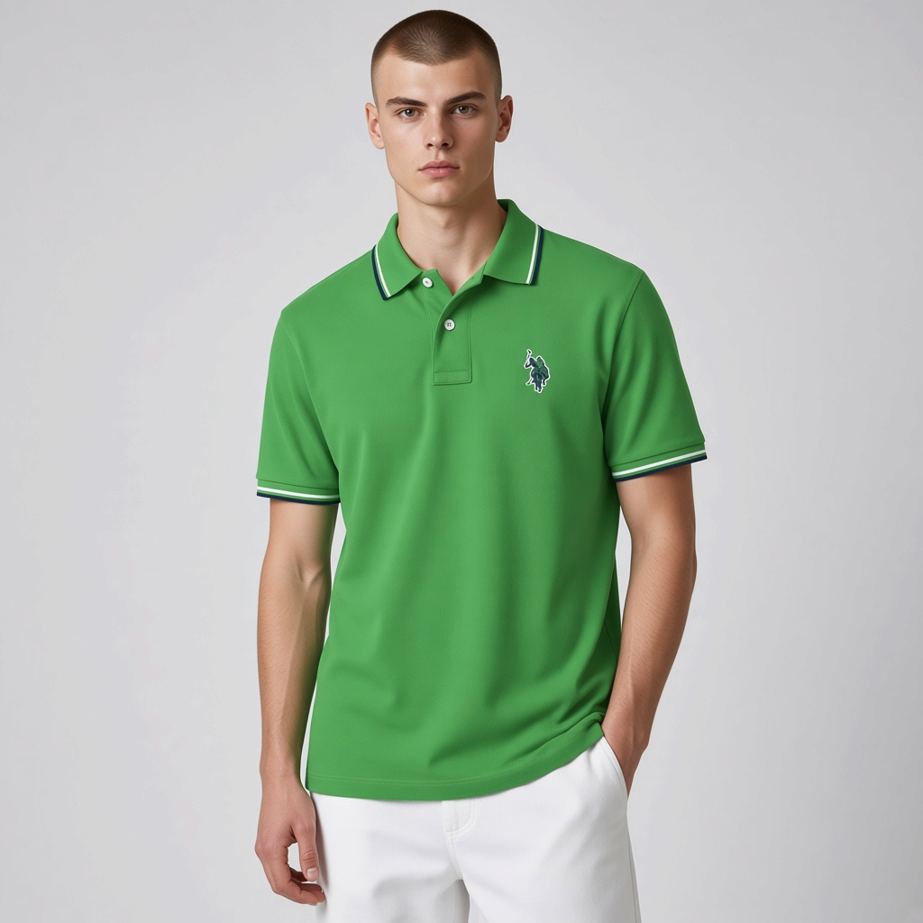 Camisa polo verde de algodón www.treshop.com.co con detalles en contraste en cuello y mangas y logo bordado en pecho