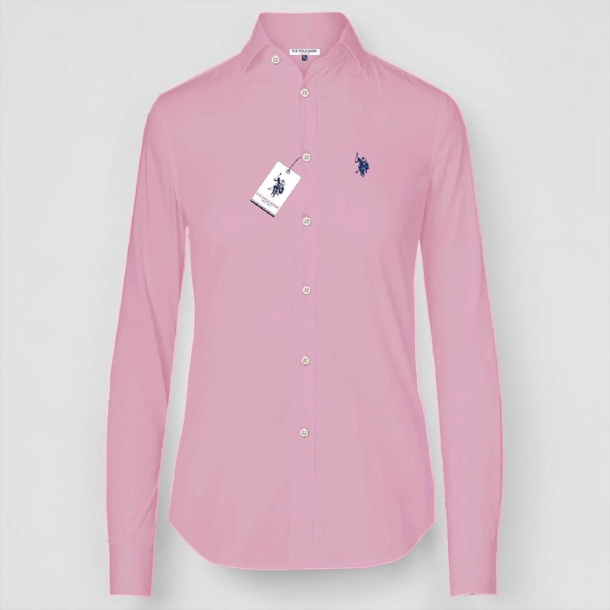 Camisa de mujer www.treshop.com.co manga larga color rosa en algodón con logo bordado y ajuste regular