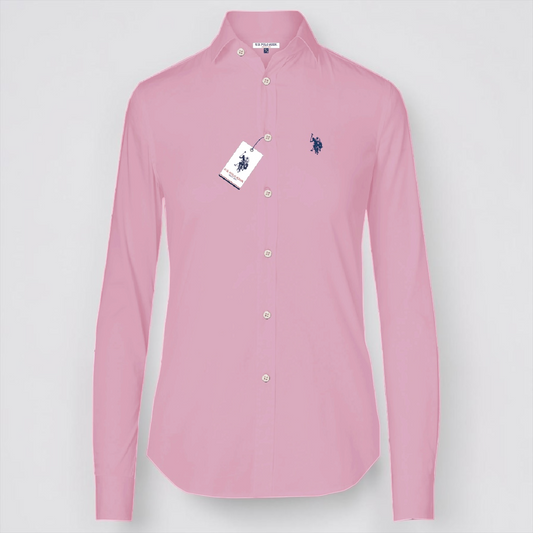 Camisa de mujer www.treshop.com.co manga larga color rosa en algodón con logo bordado y ajuste regular