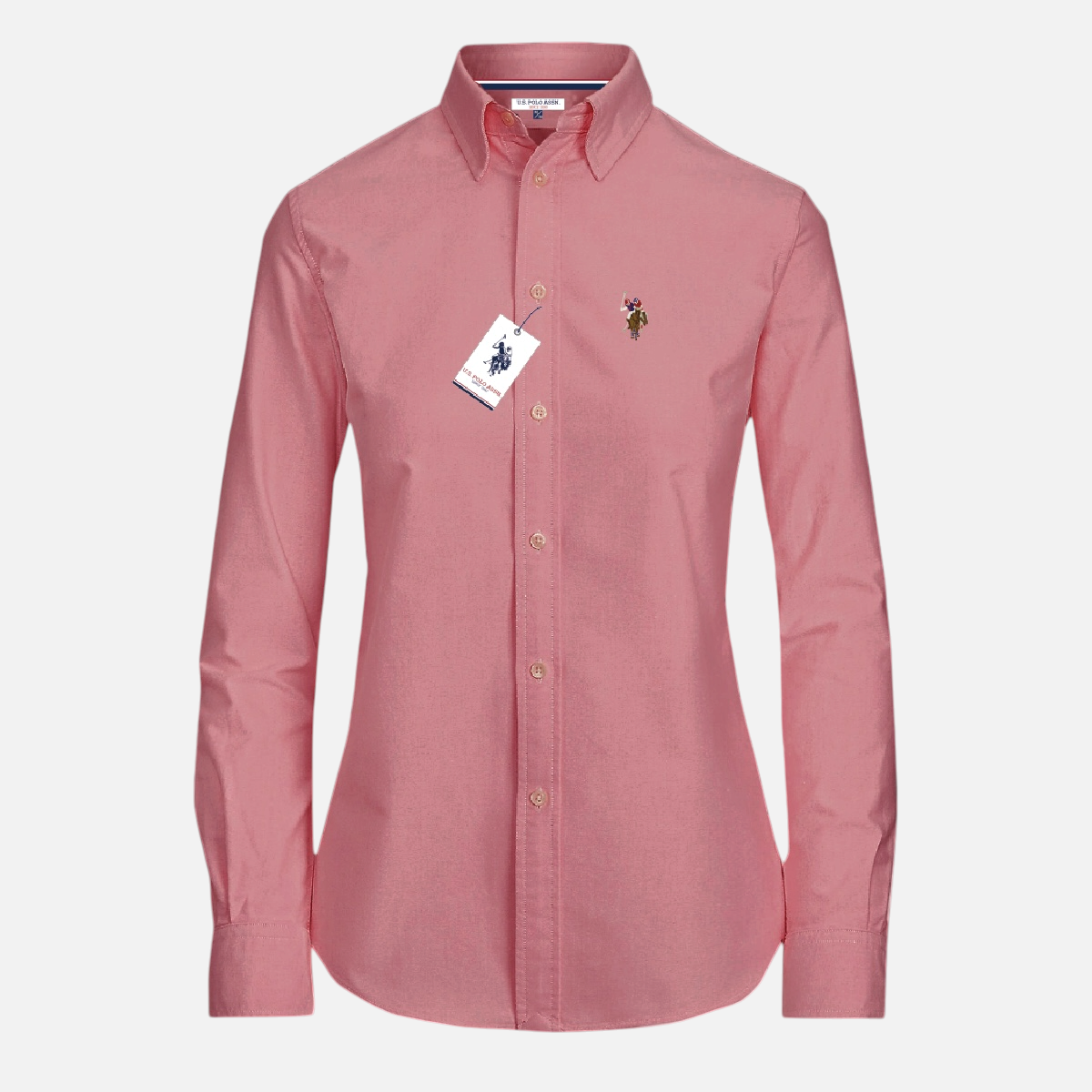 Camisa formal de manga larga para mujer www.treshop.com.co en color rosa con cuello abotonado y logo bordado.