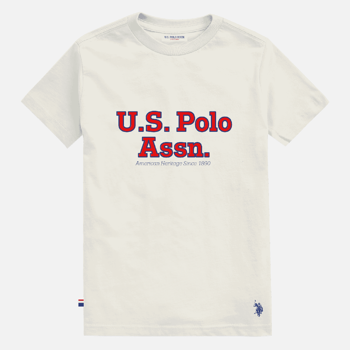 Camiseta de algodón color crema www.treshop.com.co con logo U.S. Polo Assn. y estampado American Heritage