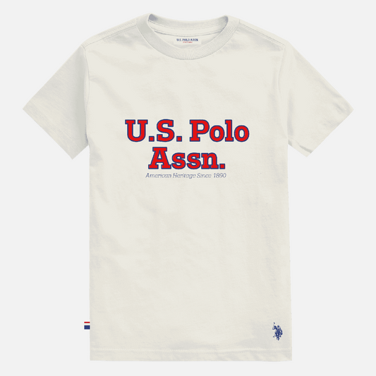 Camiseta de algodón color crema www.treshop.com.co con logo U.S. Polo Assn. y estampado American Heritage