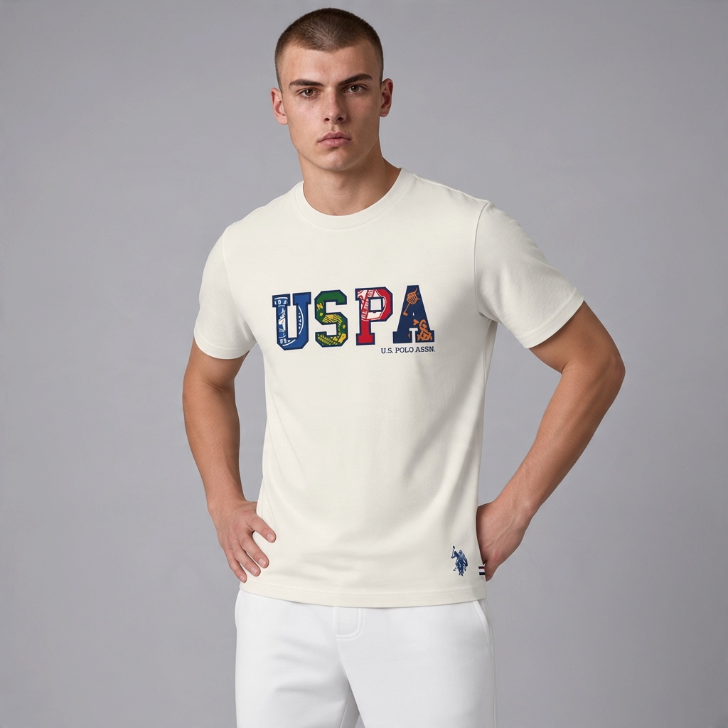 Hombre vistiendo camiseta de algodón color crema www.treshop.com.co con logo USPA estampado y cuello redondo