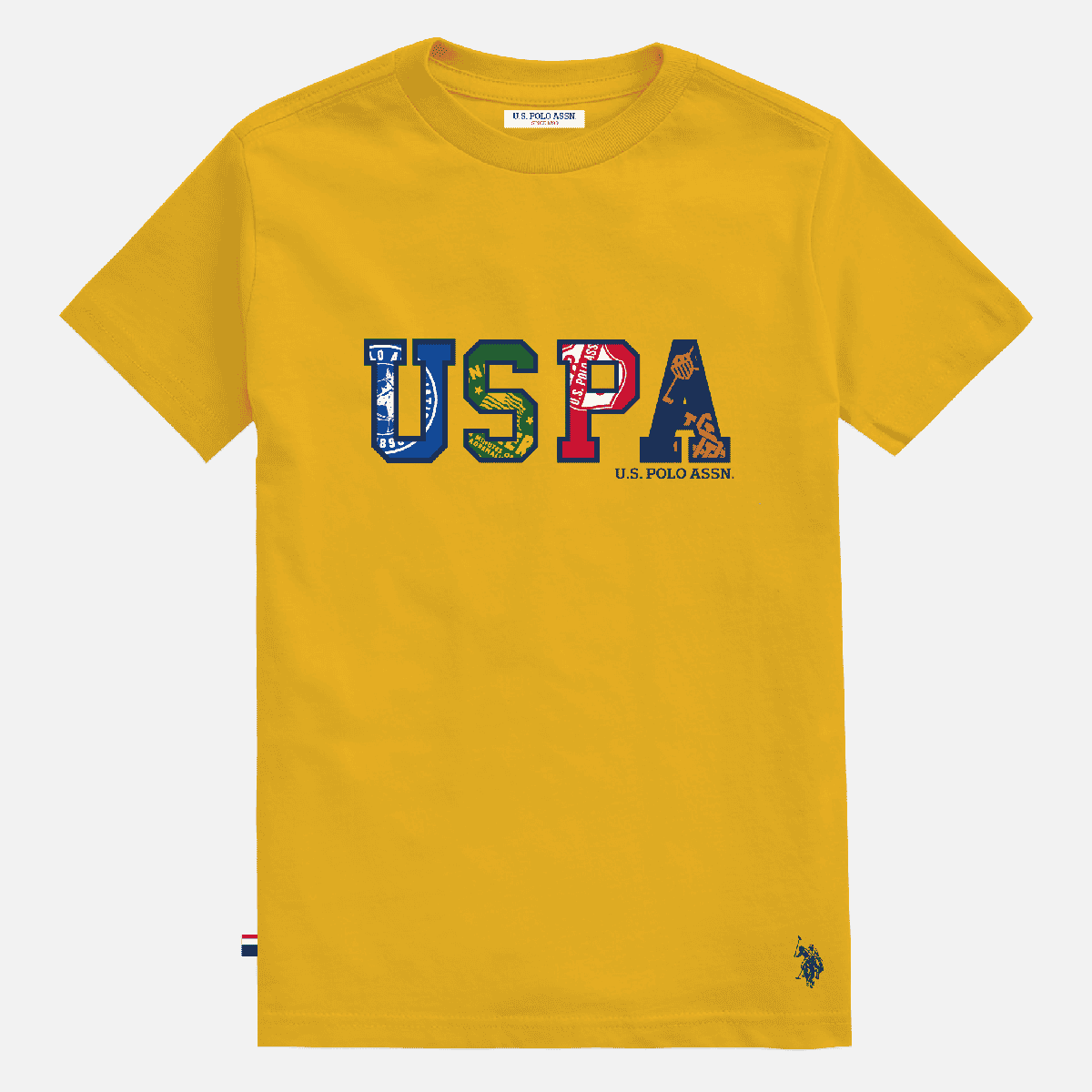 Camiseta amarilla de algodón para hombre www.treshop.com.co con estampado gráfico USPA y logo bordado