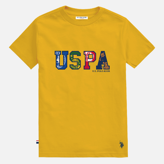 Camiseta amarilla de algodón para hombre www.treshop.com.co con estampado gráfico USPA y logo bordado
