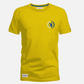 Camiseta amarilla de manga corta www.treshop.com.co con cuello redondo y logotipo azul estampado en el pecho