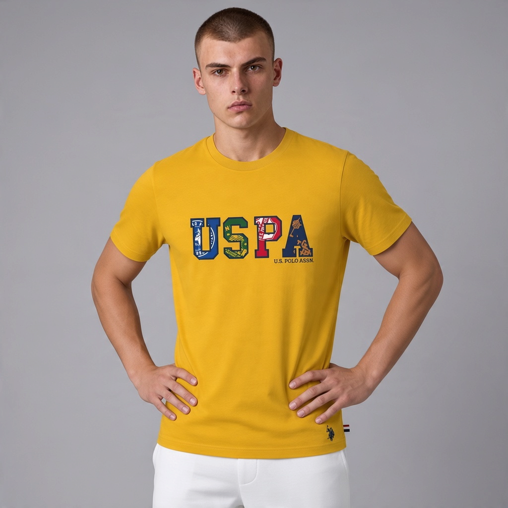 Camiseta amarilla de algodón www.treshop.com.co con logo USPA estampado y cuello redondo para hombre
