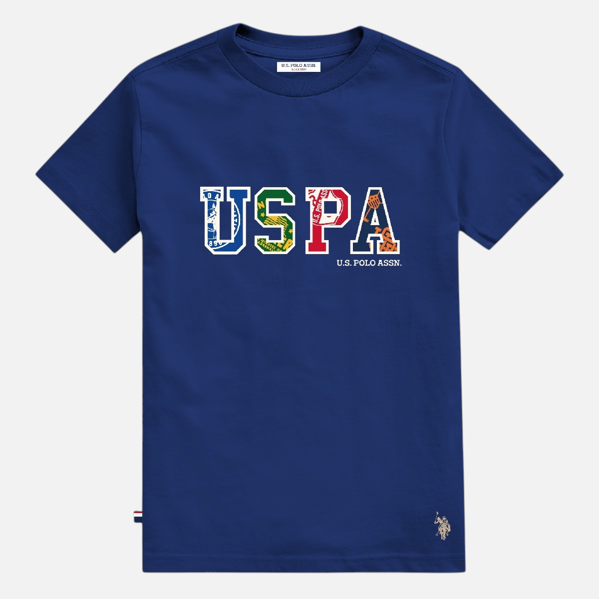 Camiseta azul de algodón para hombre de www.treshop.com.co con logo USPA estampado y corte regular