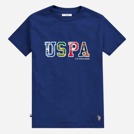 Camiseta azul de algodón para hombre de www.treshop.com.co con logo USPA estampado y corte regular