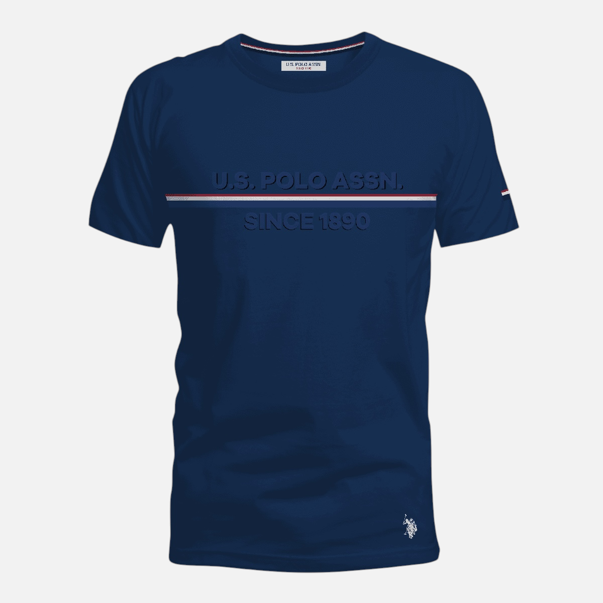 Camiseta azul marino de algodón www.treshop.com.co con logo U.S. Polo Assn. y detalle tricolor en el pecho