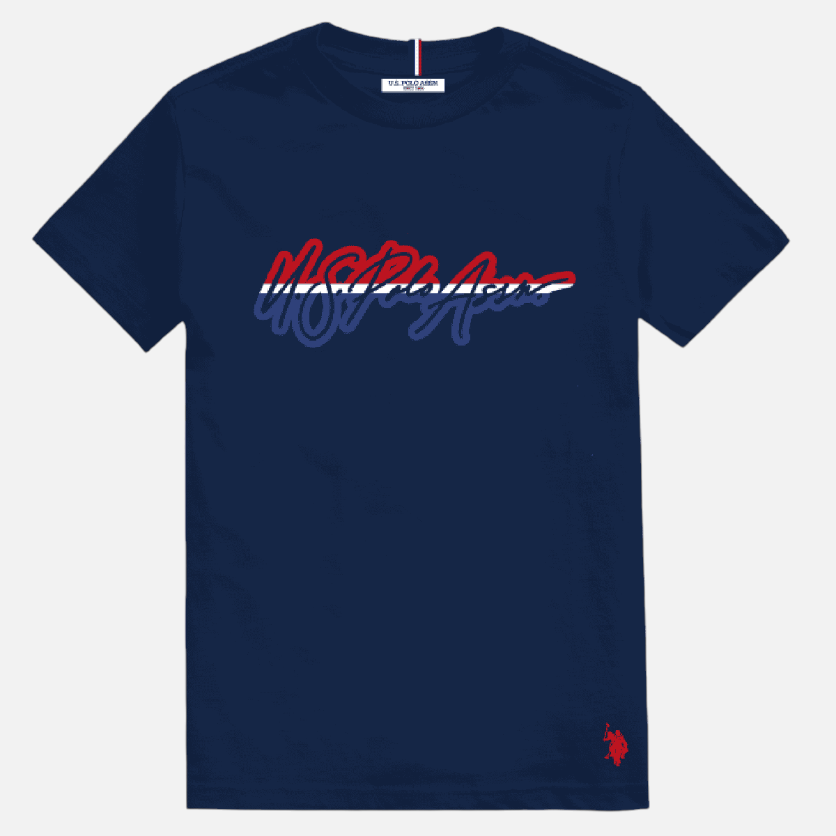 Camiseta azul marino de algodón U.S. POLO ASSN. con logo estampado y detalle bordado en www.treshop.com.co