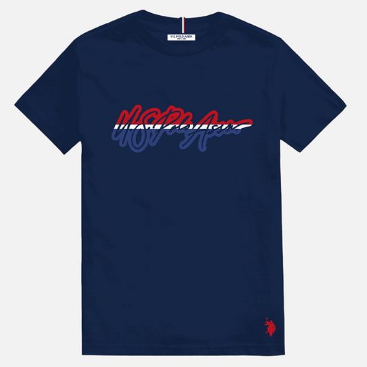 Camiseta azul marino de algodón U.S. POLO ASSN. con logo estampado y detalle bordado en www.treshop.com.co